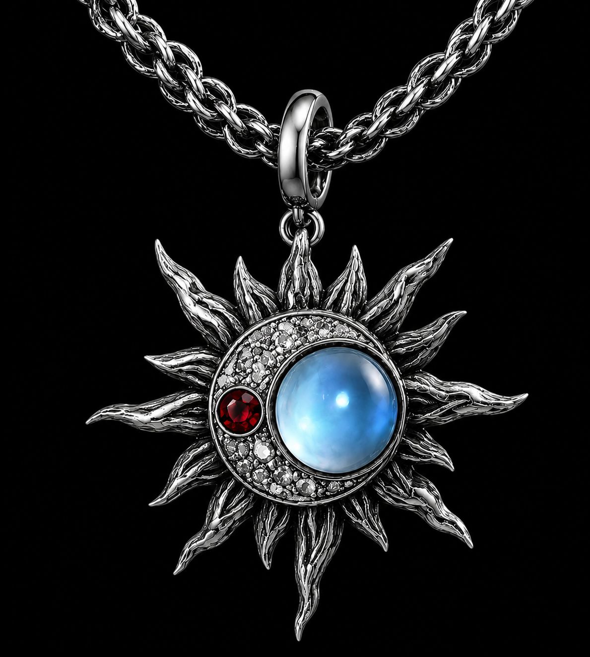 Silver celestial necklace on a pure black background
